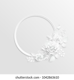 Paper flower. Frame. White rose. White rectangular photo frame with white cut out paper flowers. Wedding decorations. Greeting card template, blank floral wall decor. Background. Illustration