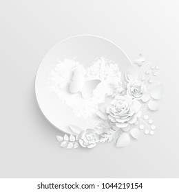 Paper flower. Frame. White rose. White rectangular photo frame with white cut out paper flowers. Wedding decorations. Greeting card template, blank floral wall decor. Background. Illustration