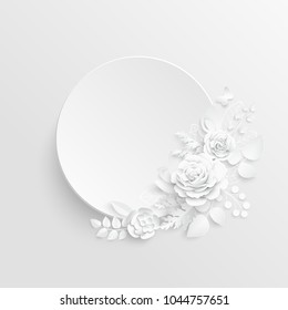 Paper flower. Frame. White rose. White rectangular photo frame with white cut out paper flowers. Wedding decorations. Greeting card template, blank floral wall decor. Background. Illustration