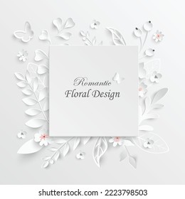 Paper flower. Frame. White rose. White rectangular photo frame with white cut out paper flowers. Wedding decorations. Greeting card template, blank floral wall decor. Background. Illustration