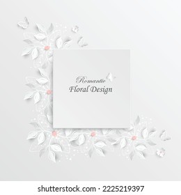 Flor de papel. Marco. Rosa blanca. Marco fotográfico rectangular blanco con flores de papel blanco. Decoración de bodas. Plantilla de tarjeta de felicitación, decoración de pared floral en blanco. Antecedentes. Ilustración
