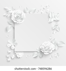 Paper flower. Frame. White rose. White rectangular photo frame with white cut out paper flowers. Wedding decorations. Greeting card template, blank floral wall decor. Background. Illustration