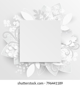 Paper flower. Frame. White rose. White rectangular photo frame with white cut out paper flowers. Wedding decorations. Greeting card template, blank floral wall decor. Background. Illustration