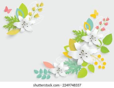 Paper flower and green leaves  Colorful  bright lilies are cut out paper white background  Decorative bridal bouquet  separate floral design elements  Greeting card template  Vector