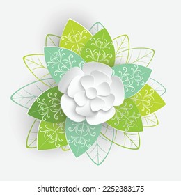 Paper flower with green leaves. Colorful, bright roses are cut out of paper on a white background. Decorative bridal bouquet, separate floral design elements. Greeting card template. Vector