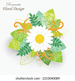 Paper flower with green leaves. Colorful, bright chamomile are cut out of paper on a white background. Decorative bridal bouquet, separate floral design elements. Greeting card template. Vector