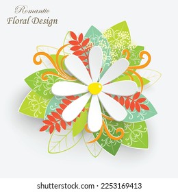 Paper flower with green leaves. Colorful, bright chamomile are cut out of paper on a white background. Decorative bridal bouquet, separate floral design elements. Greeting card template. Vector