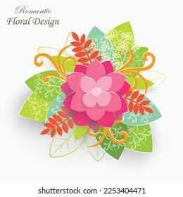 Paper flower with green leaves. Colorful, bright lotus are cut out of paper on a white background. Decorative bridal bouquet, separate floral design elements. Greeting card template. Vector