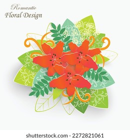 Paper flower with green leaves. Colorful, bright lilies are cut out of paper on a white background. Decorative bridal bouquet, separate floral design elements. Greeting card template. Vector
