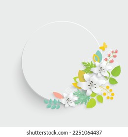 Paper flower with green leaves. Frame, colorful, bright lilies are cut out of paper on a white background. Decorative bridal bouquet, separate floral design elements. Greeting card template. Vector
