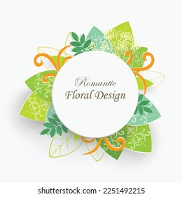 Paper flower with green leaves. Frame, colorful, bright lotus are cut out of paper on a white background. Decorative bridal bouquet, separate floral design elements. Greeting card template. Vector