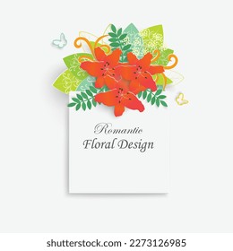 Paper flower with green leaves. Frame, colorful, bright lilies are cut out of paper on a white background. Decorative bridal bouquet, separate floral design elements. Greeting card template. Vector