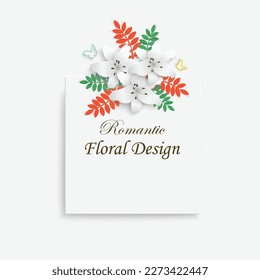Paper flower with green leaves. Frame, colorful, bright lilies are cut out of paper on a white background. Decorative bridal bouquet, separate floral design elements. Greeting card template. Vector