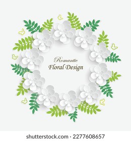 Paper flower with green leaves. Frame, colorful, bright roses, lotus are cut out of paper on a white background. Decorative bridal bouquet, separate floral design elements. Greeting card template. 