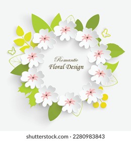 Paper flower with green leaves. Frame, colorful, bright roses, lotus are cut out of paper on a white background. Decorative bridal bouquet, separate floral design elements. Greeting card template. 