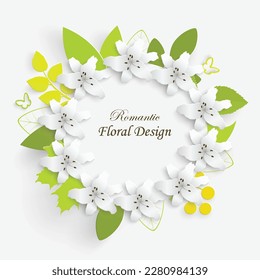 Paper flower with green leaves. Frame, colorful, bright lilies are cut out of paper on a white background. Decorative bridal bouquet, separate floral design elements. Greeting card template. Vector