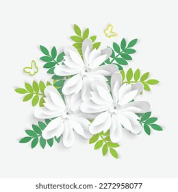 Paper flower with green leaves. White roses, lotus are cut out of paper on a white background. Decorative bridal bouquet, separate floral design elements. Greeting card template. Vector