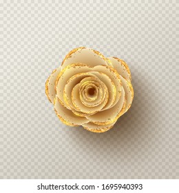 Paper flower isolated on checkered background. Realistic 3d gentle flower with golden sand. Vector illustration.