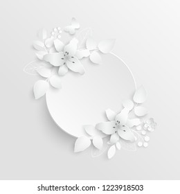 Paper flower. Lily. Round frame with abstract cut flowers. White lilies. Wedding decorations. Decorative bridal bouquet. Vector illustration. Greeting card template, blank floral wall decor. A heart. 