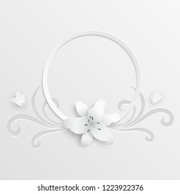 Paper flower. Lily. Round frame with abstract cut flowers. White lilies. Wedding decorations. Decorative bridal bouquet. Vector illustration. Greeting card template, blank floral wall decor. A heart. 