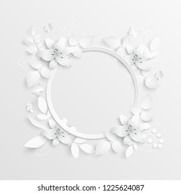Paper flower. Lily. Round frame with abstract cut flowers. White lilies. Wedding decorations. Decorative bridal bouquet. Vector illustration. Greeting card template, blank floral wall decor. 