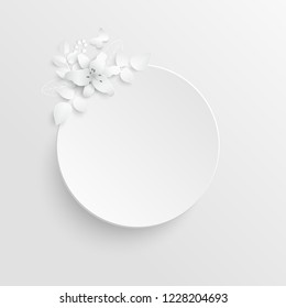 Paper flower. Lily. Round frame with abstract cut flowers. White lilies. Wedding decorations. Decorative bridal bouquet. Vector illustration. Greeting card template, blank floral wall decor. A heart.