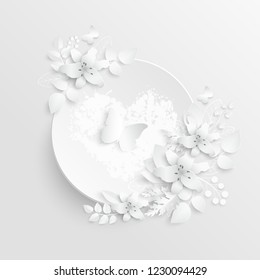 Paper flower. Lily. Round frame with abstract cut flowers. White lilies. Wedding decorations. Decorative bridal bouquet. Vector illustration. Greeting card template, blank floral wall decor. A heart.