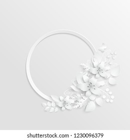 Paper flower. Lily. Round frame with abstract cut flowers. White lilies. Wedding decorations. Decorative bridal bouquet. Vector illustration. Greeting card template, blank floral wall decor. A heart.
