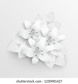 Paper flower. Lily. Round frame with abstract cut flowers. White lilies. Wedding decorations. Decorative bridal bouquet. Vector illustration. Greeting card template, blank floral wall decor. A heart.
