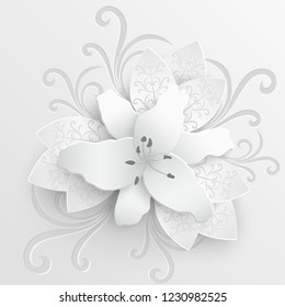 Paper flower. Lily. Round frame with abstract cut flowers. White lilies. Wedding decorations. Decorative bridal bouquet. Vector illustration. Greeting card template, blank floral wall decor. A heart.
