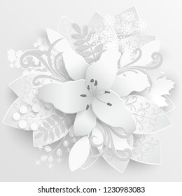 Paper flower. Lily. Round frame with abstract cut flowers. White lilies. Wedding decorations. Decorative bridal bouquet. Vector illustration. Greeting card template, blank floral wall decor. A heart.