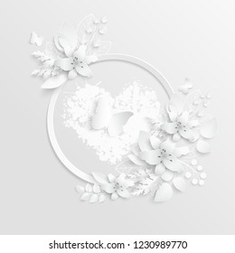 Paper flower. Lily. Round frame with abstract cut flowers. White lilies. Wedding decorations. Decorative bridal bouquet. Vector illustration. Greeting card template, blank floral wall decor. A heart.