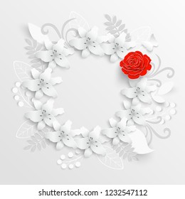 Paper flower. Lily. Round frame with abstract cut flowers. Red rose. White lilies. Wedding decorations. Decorative bridal bouquet. Vector illustration. Greeting card template, blank floral wall decor 