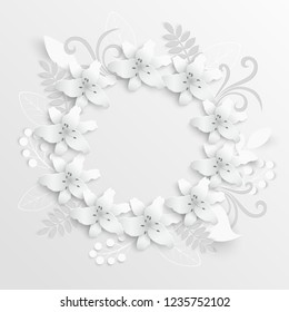 Paper flower. Lily. Round frame with abstract cut flowers. White lilies. Wedding decorations. Decorative bridal bouquet. Vector illustration. Greeting card template, blank floral wall decor. A heart.