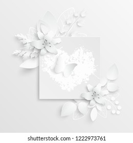 Paper flower. Lily. Square frame with abstract cut flowers. White lilies. Wedding decorations. Decorative bridal bouquet. Vector illustration. Greeting card template, blank floral wall decor. A heart.
