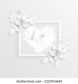 Paper flower. Lily. Square frame with abstract cut flowers. White lilies. Wedding decorations. Decorative bridal bouquet. Vector illustration. Greeting card template, blank floral wall decor. A heart.