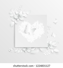 Paper flower. Lily. Square frame with abstract cut flowers. White lilies. Wedding decorations. Decorative bridal bouquet. Vector illustration. Greeting card template, blank floral wall decor. A heart.