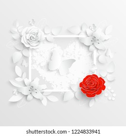 Paper flower. Lily. Square frame with abstract cut flowers. White lilies. Wedding decorations. Decorative bridal bouquet. Vector illustration. Greeting card template, blank floral wall decor. A heart.