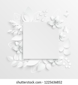 Paper flower. Lily. Square frame with abstract cut flowers. White lilies. Wedding decorations. Decorative bridal bouquet. Vector illustration. Greeting card template, blank floral wall decor. 