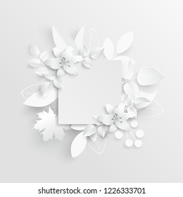 Paper flower. Lily. Square frame with abstract cut flowers. White lilies. Wedding decorations. Decorative bridal bouquet. Vector illustration. Greeting card template, blank floral wall decor. 