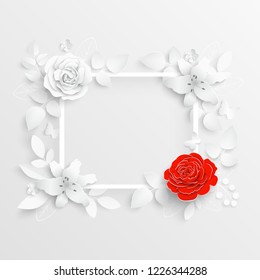 Paper flower. Lily. Square frame with abstract cut flowers. White lilies. Wedding decorations. Decorative bridal bouquet. Vector illustration. Greeting card template, blank floral wall decor. 