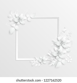 Paper flower. Lily. Square frame with abstract cut flowers. White lilies. Wedding decorations. Decorative bridal bouquet. Vector illustration. Greeting card template, blank floral wall decor. 
