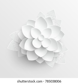 Paper flower. Lotus are cut from paper on a white background. Wedding decorations. Wedding lace. Template greeting card, blank floral wall decor.