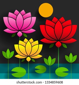 Paper Flower. Lotus. Nature Black Background Vector Illustration