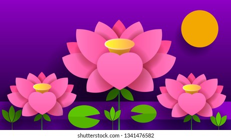 Paper Flower. Lotus. Nature Purple Background Vector Illustration