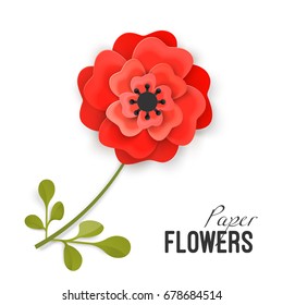 Paper flower lush red peony on small stem with leaves isolated vector
