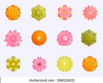Paper Flower with realistic shadow set. 3d rendering, papercut art, floral backround, botanical elements, pastel spring colors, isolated