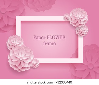 Paper flower rectangular frame pink background. Paper flower rectangular frame on a pink background. Set of color plants as a vector illustration