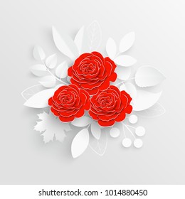 Paper flower. Red roses are cut from paper on a white background. Wedding decorations. Greeting card template, blank floral wall decor. Bouquet of beautiful roses. 
