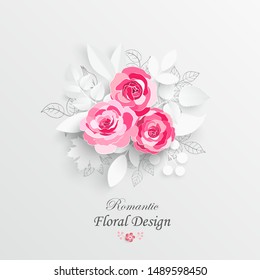 Paper flower. Red roses cut out of paper on a white background.  Wedding decorations. Decorative bridal bouquet, isolated floral design elements. Greeting card template. Vector illustration.